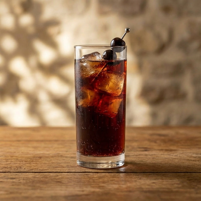 Dark cherry and cola cocktail with ice and fresh cherry garnish.