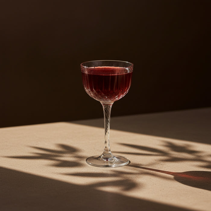 Dark cherry liqueur Manhattan cocktail served up with cherry garnish
